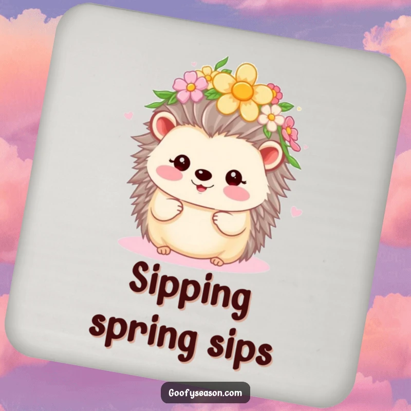Funny Kawaii hedgehog with a flower crown, beaming during spring, on a drink coaster, safeguarding surfaces.