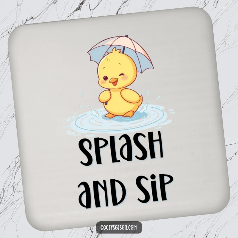 Funny drink coaster showing a happy duckling with a tiny umbrella, splashing in a small puddle.