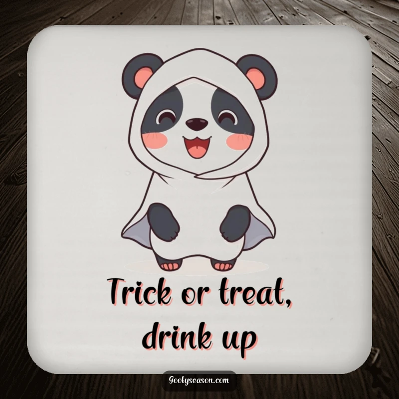 Funny Panda Ghost Coaster: A smiling panda dressed as a ghost for Halloween, offering playful protection to your drinks.