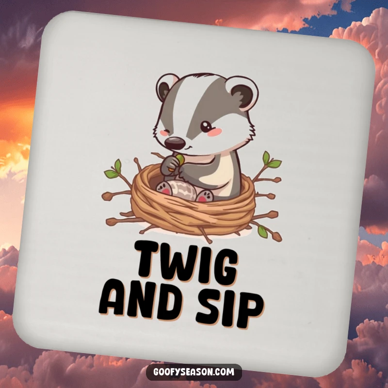 Funny coaster with a clever badger character building a cozy nest with twigs, adding humorous protection to tables.