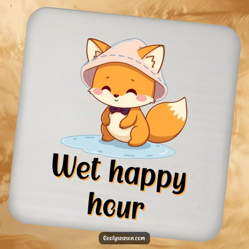 Funny mischievous fox character wearing a rain hat, playing in puddles on a drink coaster, adding a touch of rainy day humor.