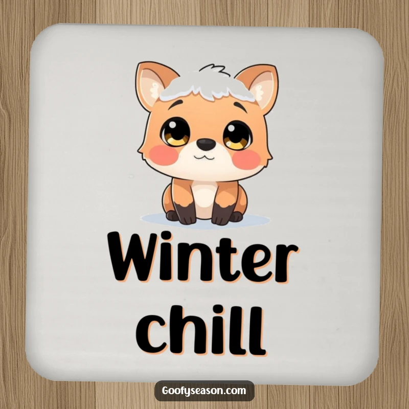Funny coaster set featuring a curious animal character with wide, wonder-filled eyes, observing a gentle snowfall.