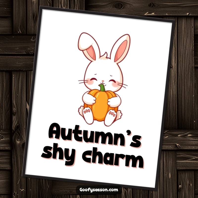 Funny Kawaii bunny with a shy smile carefully holding a pumpkin, celebrating the autumn season on a decorative poster.