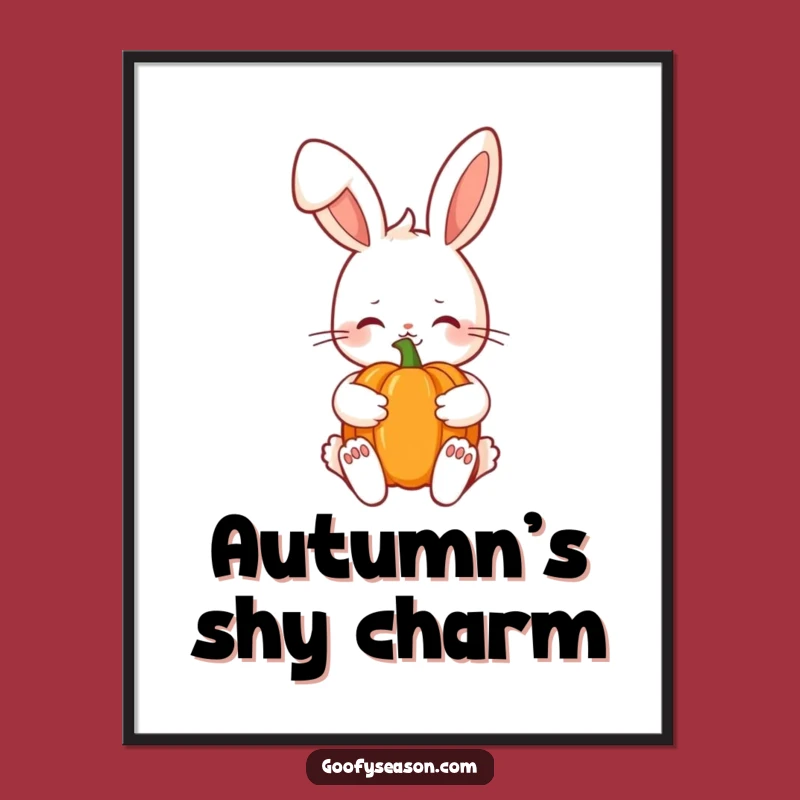 Funny Kawaii Autumn Bunny Poster - Shy Pumpkin Smile Wall Art Gift