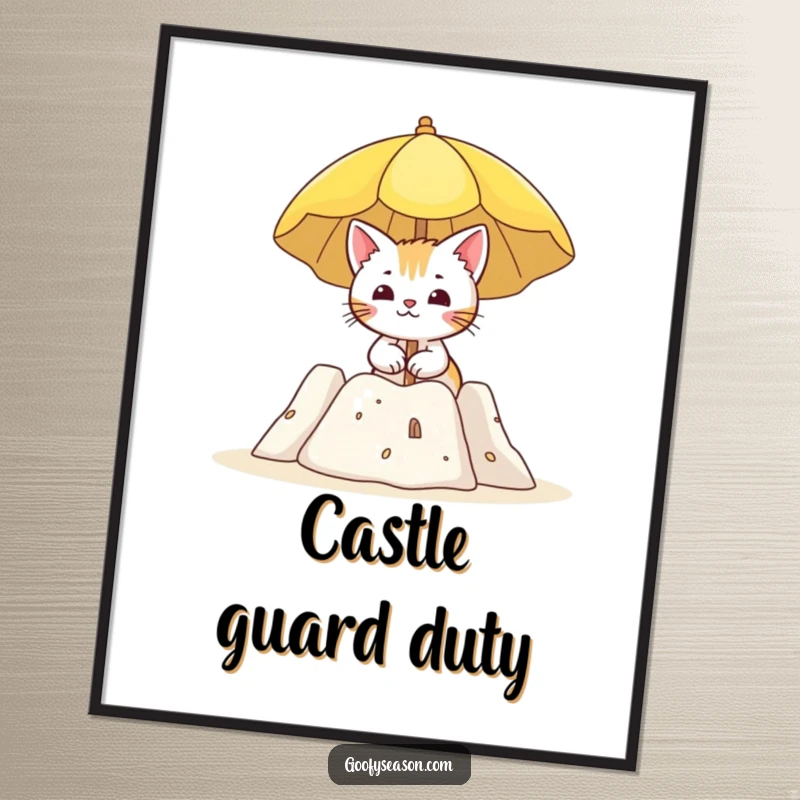 Funny poster art of a curious cat holding a sun umbrella next to a sandcastle, enjoying a peaceful beach day.