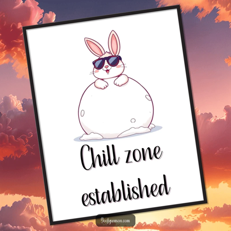 Funny Bunny Poster: A cheerful bunny wearing cool sunglasses, lounging on a giant snowball, exuding relaxed winter vibes.