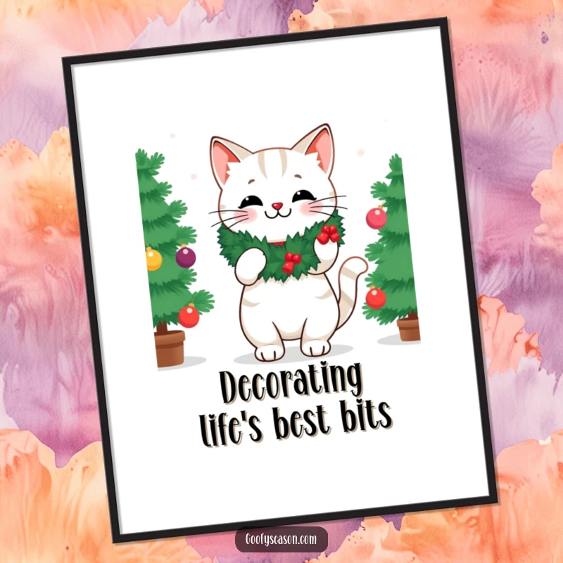 Funny poster showing a cheerful cat in a wreath, carefully hanging ornaments on a fully decorated Christmas tree.
