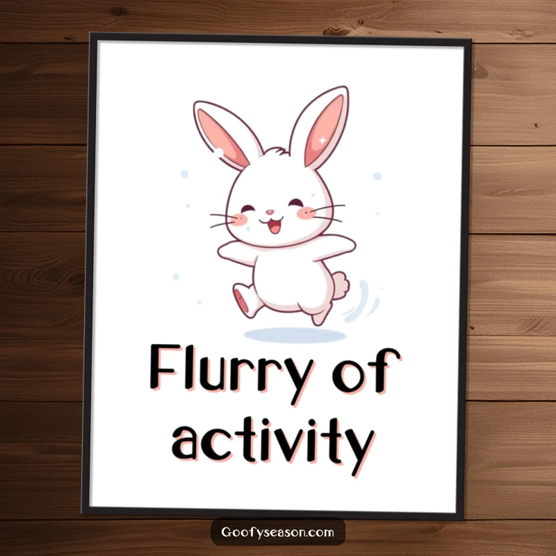 Funny poster of an energetic rabbit character chasing falling snowflakes, capturing a humorous and joyful winter scene for decor.