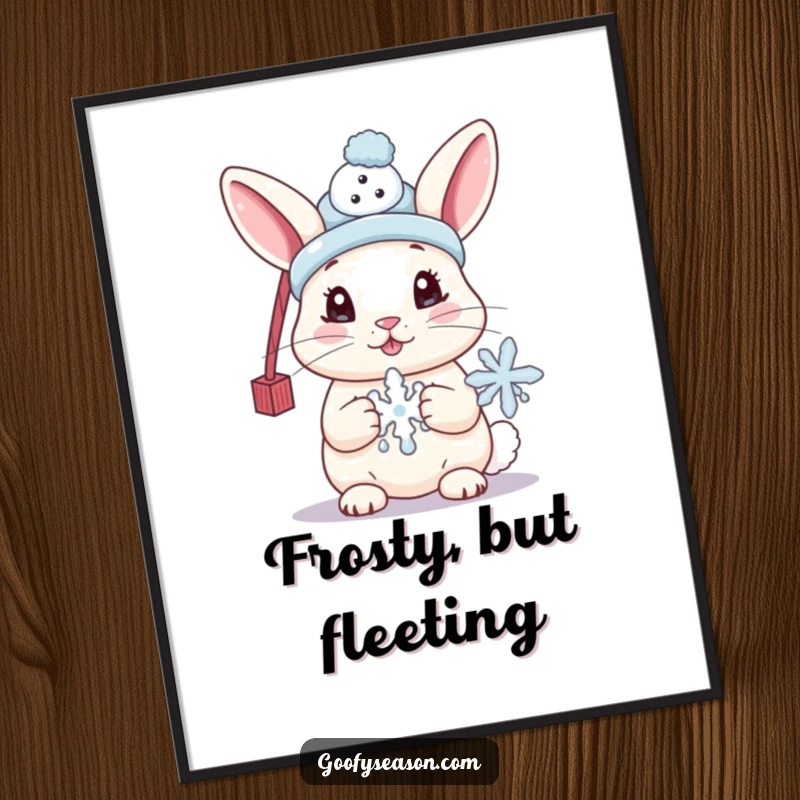 Funny poster showcasing a cute bunny wearing a tiny snowman hat and holding a melting snowflake, bringing adorable winter charm to decor.