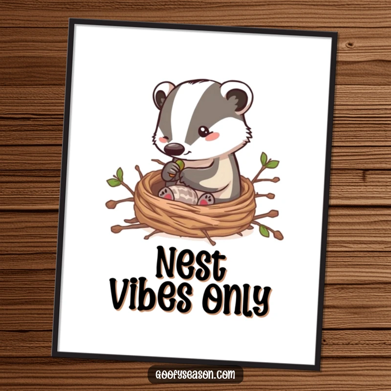 Funny poster of a clever badger character building a cozy nest with twigs, capturing a humorous and heartwarming scene of home construction.