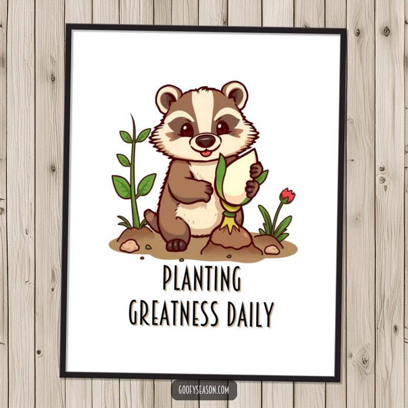 Funny poster art of a determined badger wearing gardening gloves, planting a very large bulb into the ground.