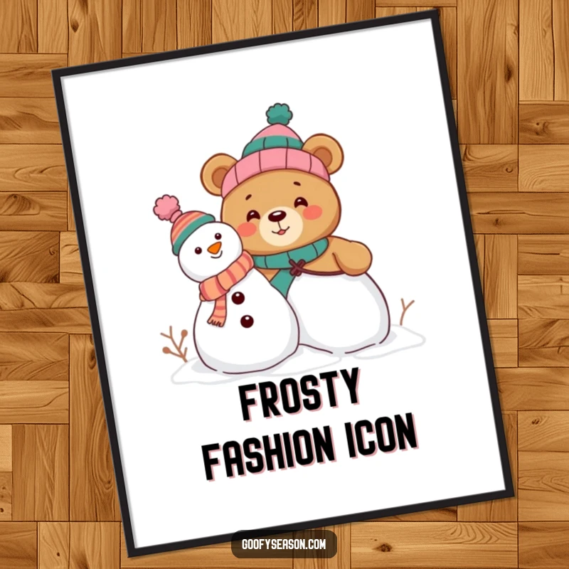 Funny poster showcasing a curious bear character constructing a snowman, playfully wearing several funny, mismatched hats, ideal for humorous decor.