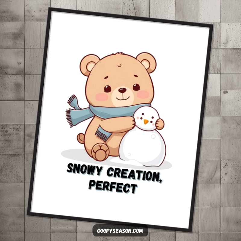 Funny bear character wearing a scarf, joyfully building a snowman, winter art print, whimsical decor.