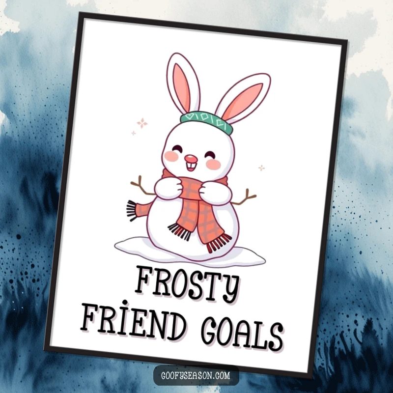 Funny poster art capturing a happy bunny character making a snowman extra stylish with a scarf in winter.