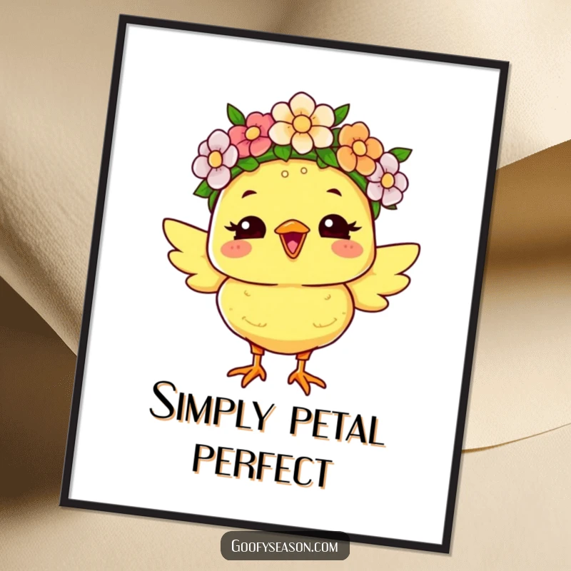 Funny poster of a joyous chick character wearing a flower crown, capturing a humorous and cheerful spring scene for decor.
