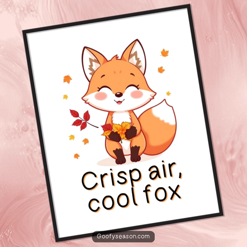Funny poster art of a cheerful fox holding a pile of colorful autumn leaves, embodying the spirit of fall.