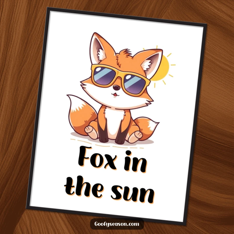 Funny fox wearing oversized sunglasses, relaxing on a sunny beach, bringing cool humor to this poster.