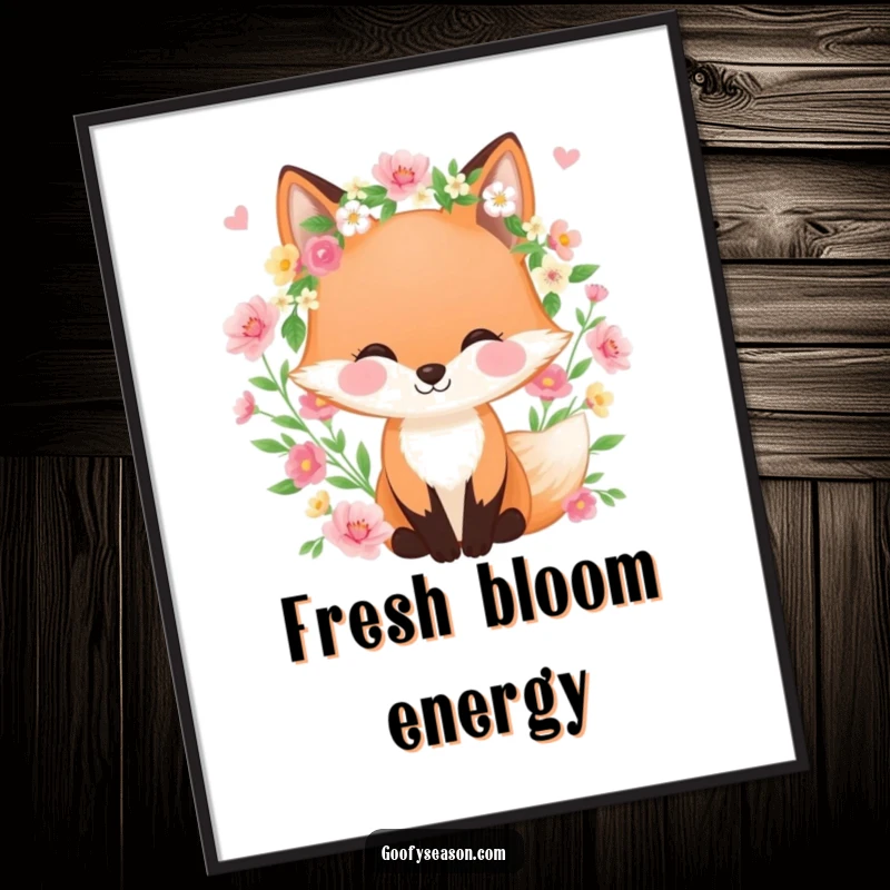 Funny poster showcasing a happy fox wearing a spring wreath, surrounded by blooming flowers, bringing vibrant springtime beauty to decor.
