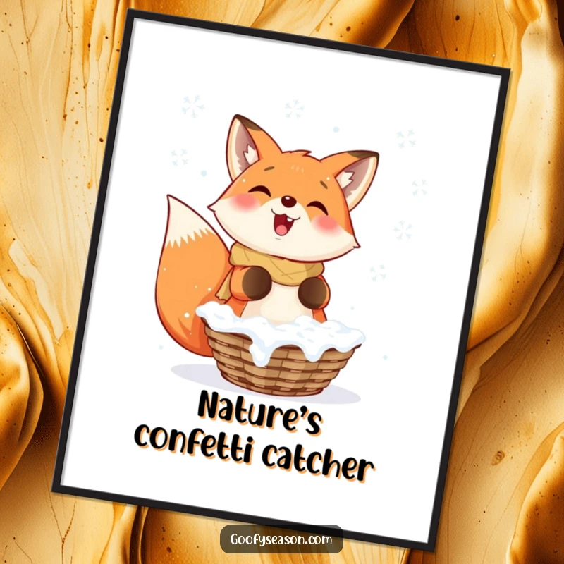Funny Fox Poster: A smiling fox enthusiastically catching falling snowflakes in a basket, creating a charming winter scene.