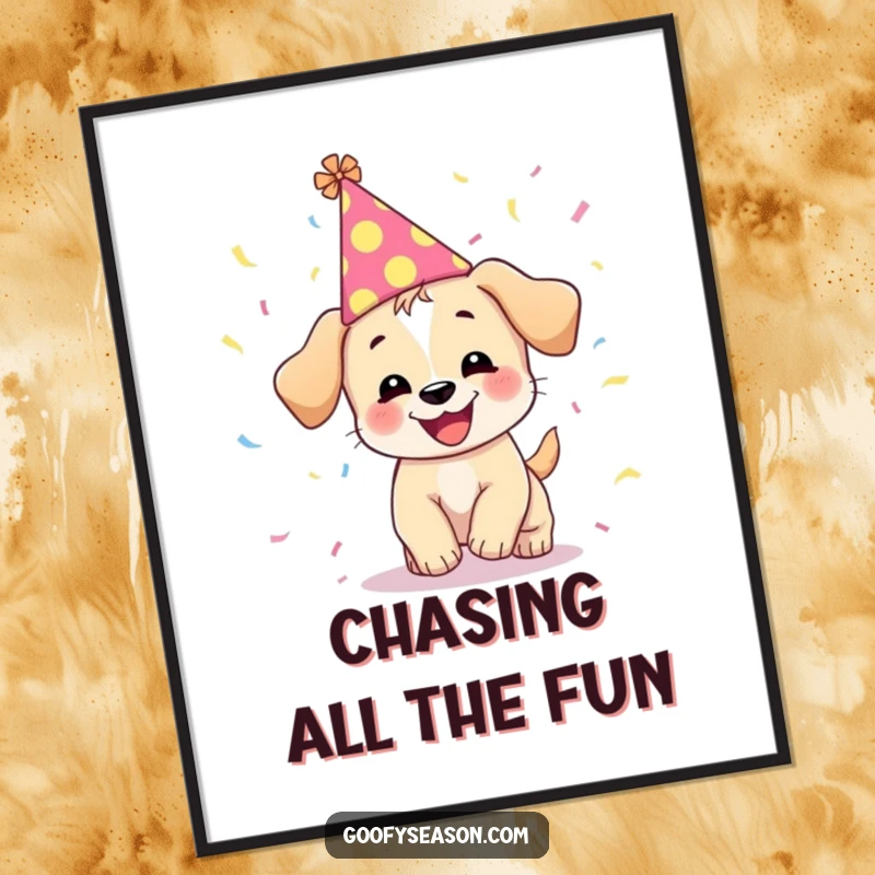 Funny poster art of a giggling puppy wearing a party hat, joyfully surrounded by a flurry of confetti.