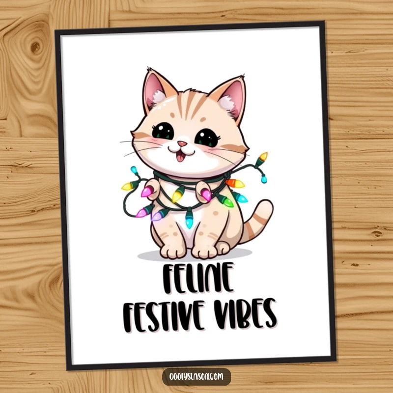 Funny poster illustration of an energetic cat blinking playfully while wrapped in sparkling holiday Christmas lights.