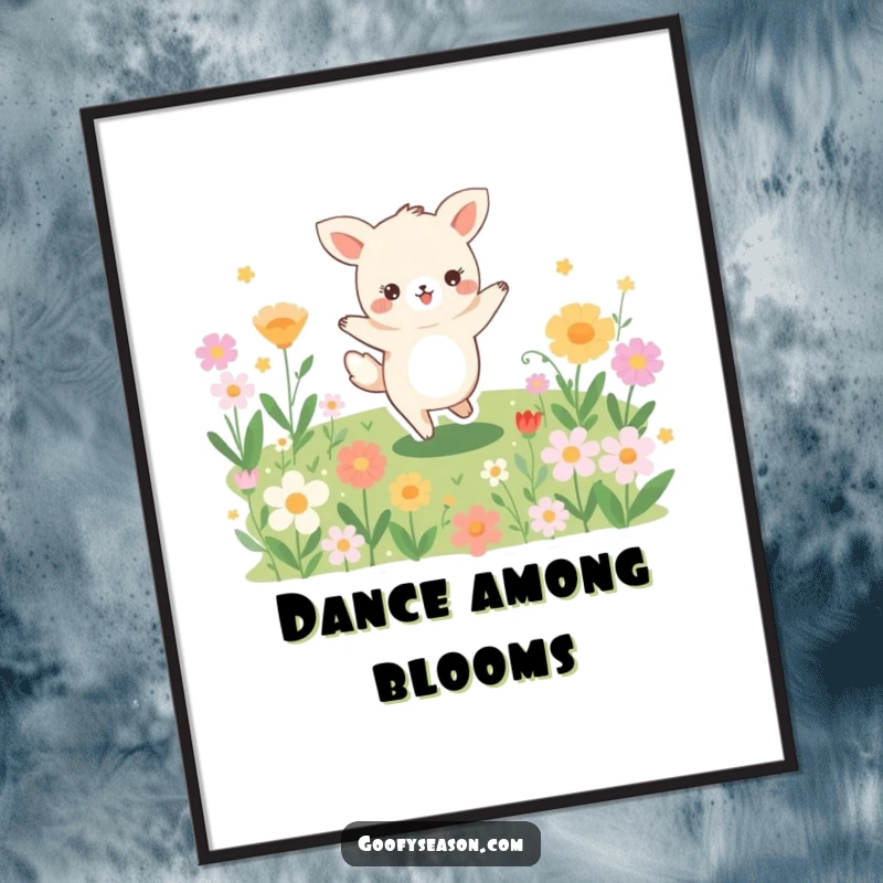 Funny poster art of a joyful animal character captured mid-dance in a vibrant meadow filled with a multitude of blooming flowers.