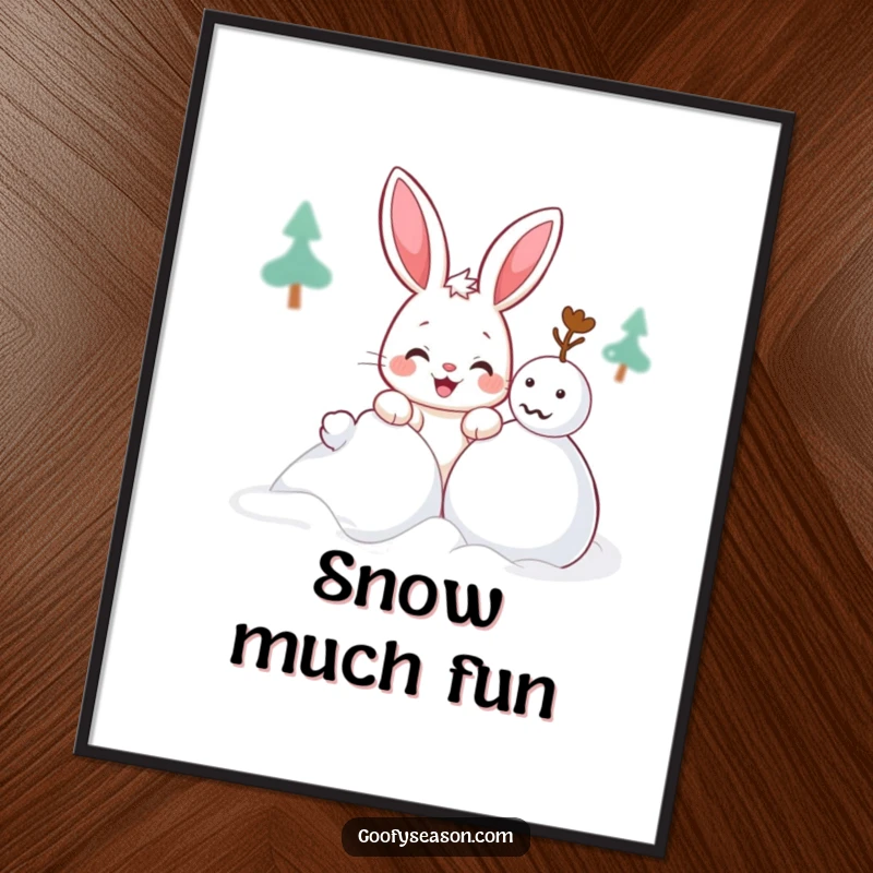 Funny Kawaii bunny poster art of a cute character with a mischievous grin building a snowman, whimsical winter decor.