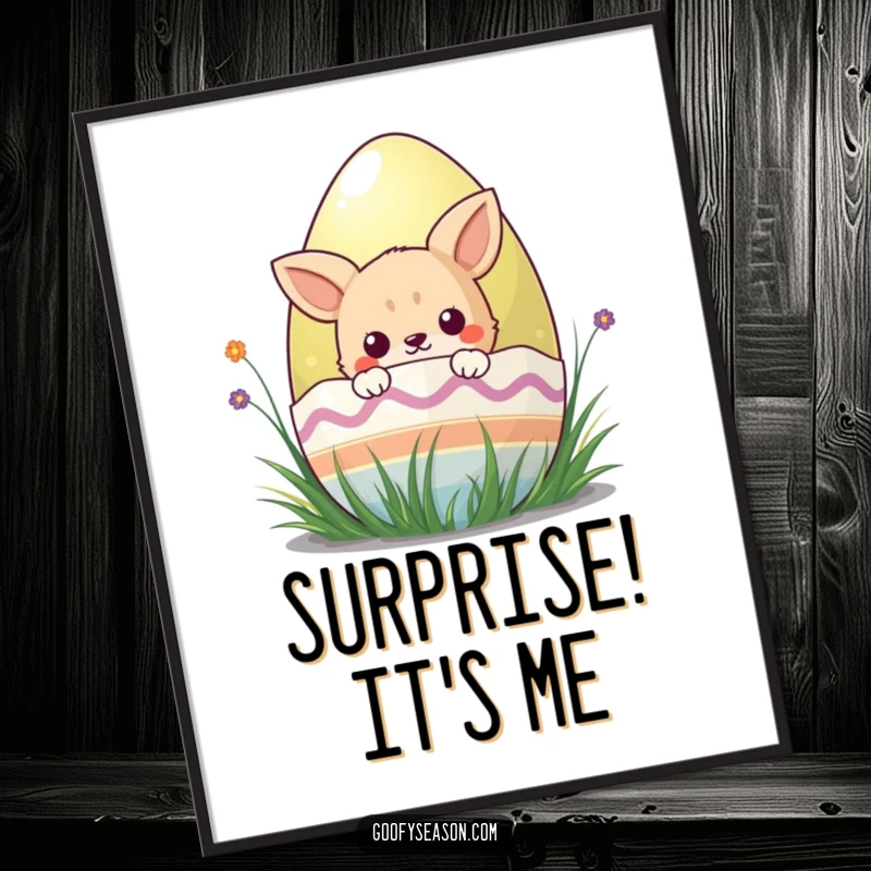 Funny kawaii animal character peeking from behind a large Easter egg, bringing holiday surprise to this poster.