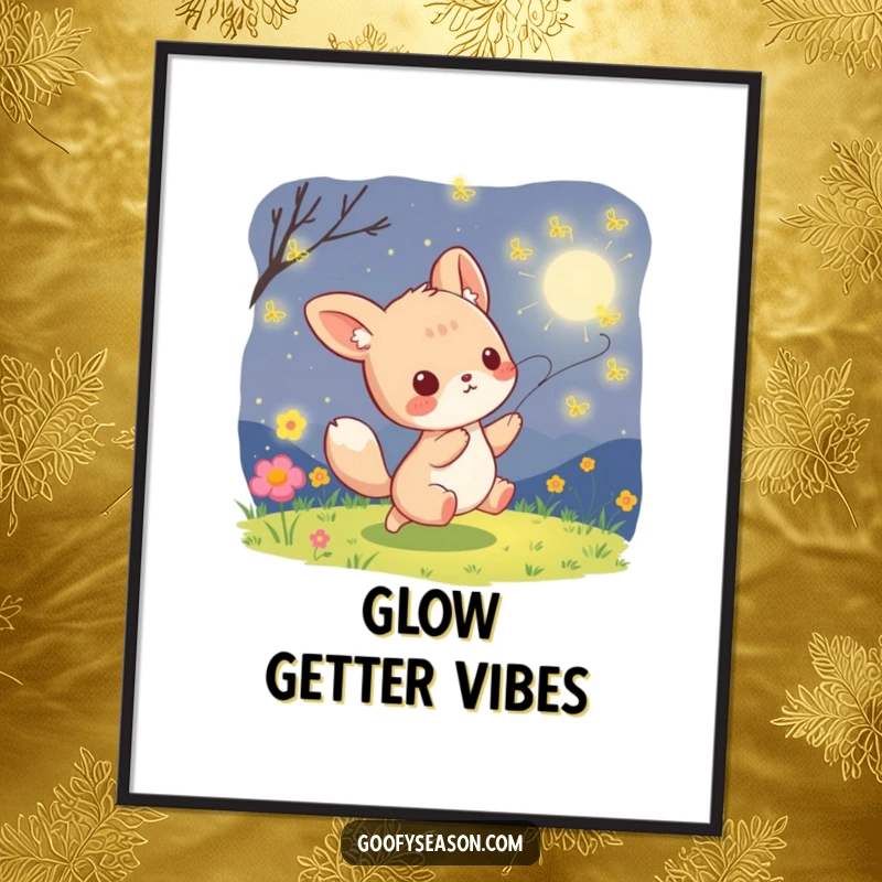 Funny kawaii animal character energetically chasing glowing fireflies on a warm, clear summer night, ideal for wall art.