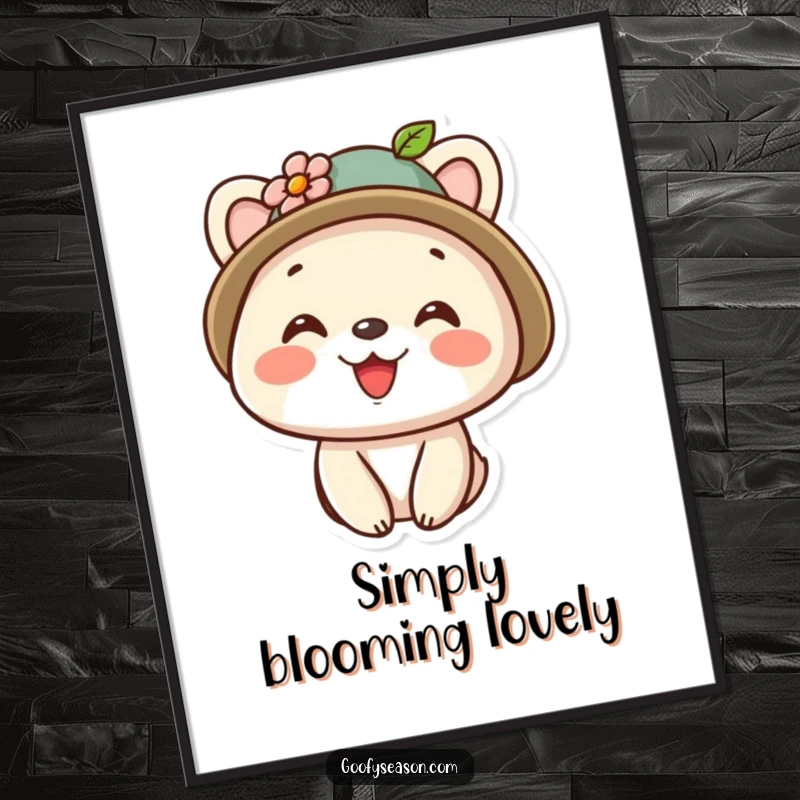 Funny kawaii animal character wearing a tiny flower-adorned hat and a bright, cheerful smile, perfect for wall art.