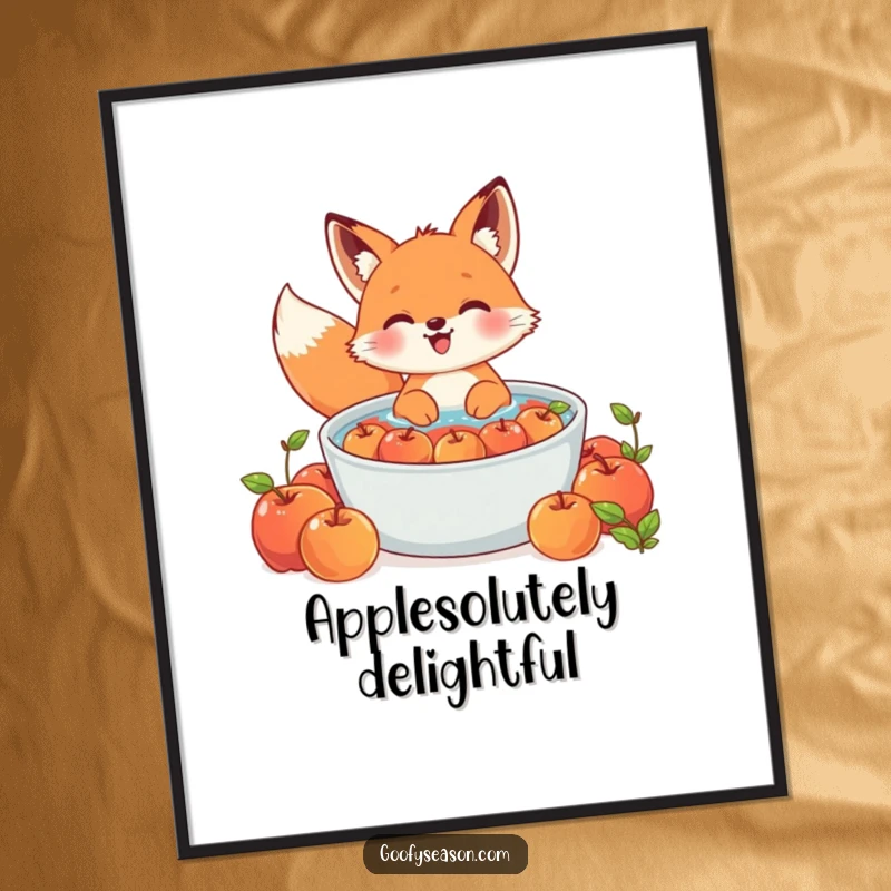 Funny Kawaii fox poster art of a cute character gleefully bobbing for apples in a large tub, festive wall decor.