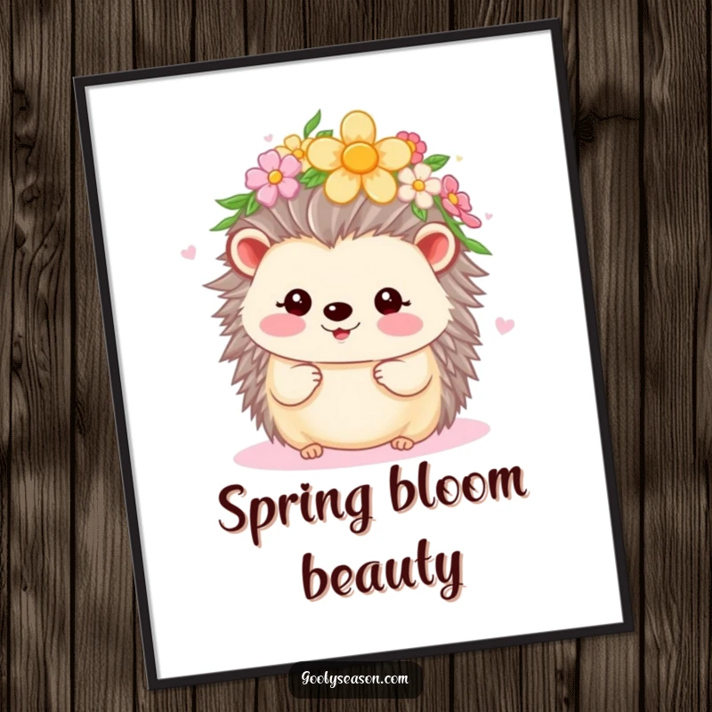 Funny Kawaii hedgehog with a flower crown, beaming with joy during spring, depicted in a vibrant poster.