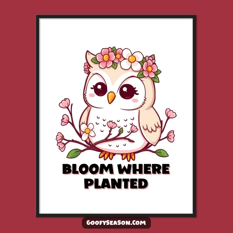 Funny Kawaii Owl Poster - Spring Bloom Flower Crown Wall Art for Nature Lovers Funny Gift