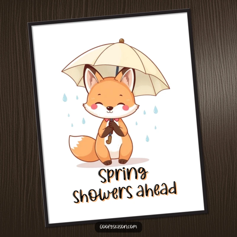 Funny Kawaii fox holding an umbrella under happy spring raindrops, creating cheerful wall art.