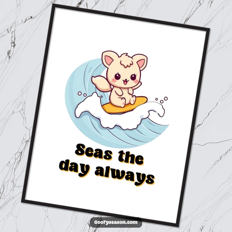 Funny kawaii animal character smoothly riding a rolling wave, bringing coastal fun to this poster.