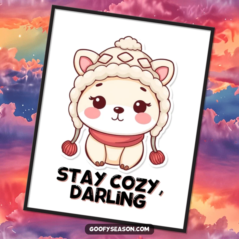 Funny kawaii animal character in a silly woolly hat with rosy cheeks, radiating warmth on this poster.