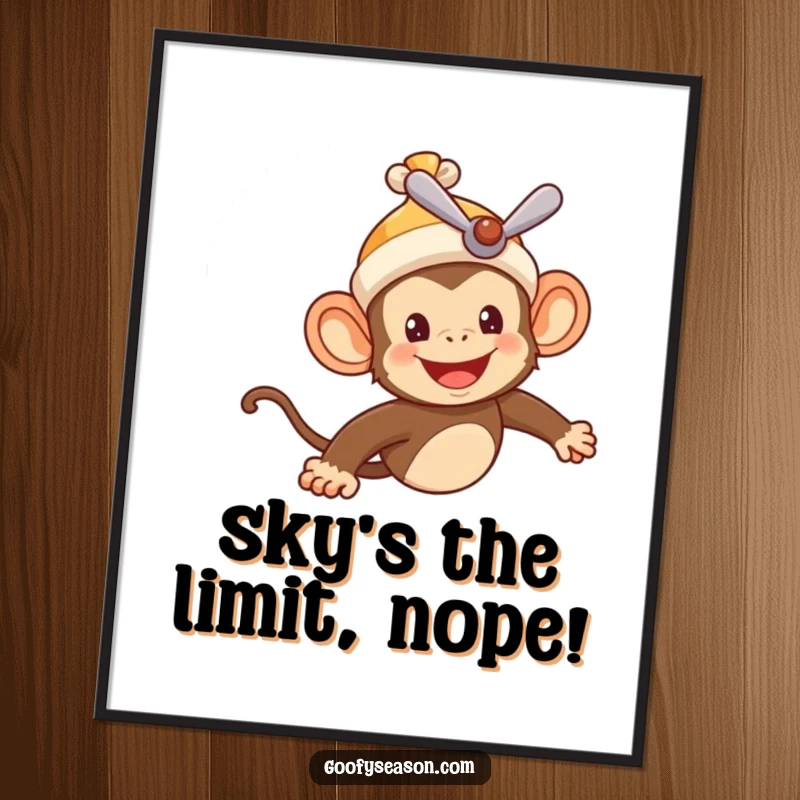 Funny poster depicting a cheerful monkey in a propeller beanie flying through a bright summer sky, adding a whimsical touch.