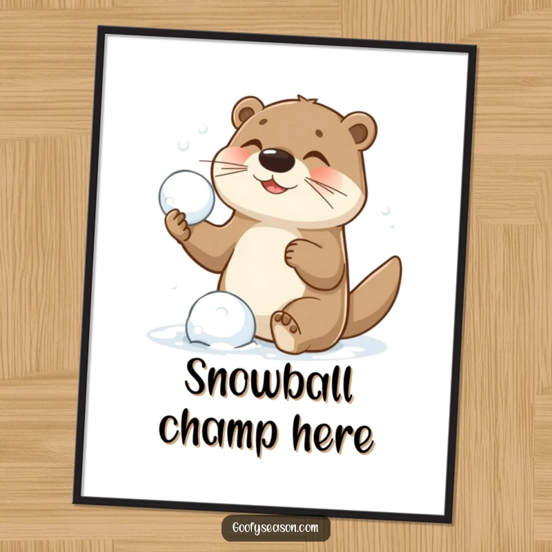 Funny poster art of a playful otter character in a dynamic snowball fight, capturing the exhilarating spirit of winter fun.