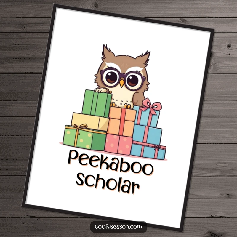 Funny owl wearing spectacles, peeking from behind presents, wall art, a thoughtful funny gift.