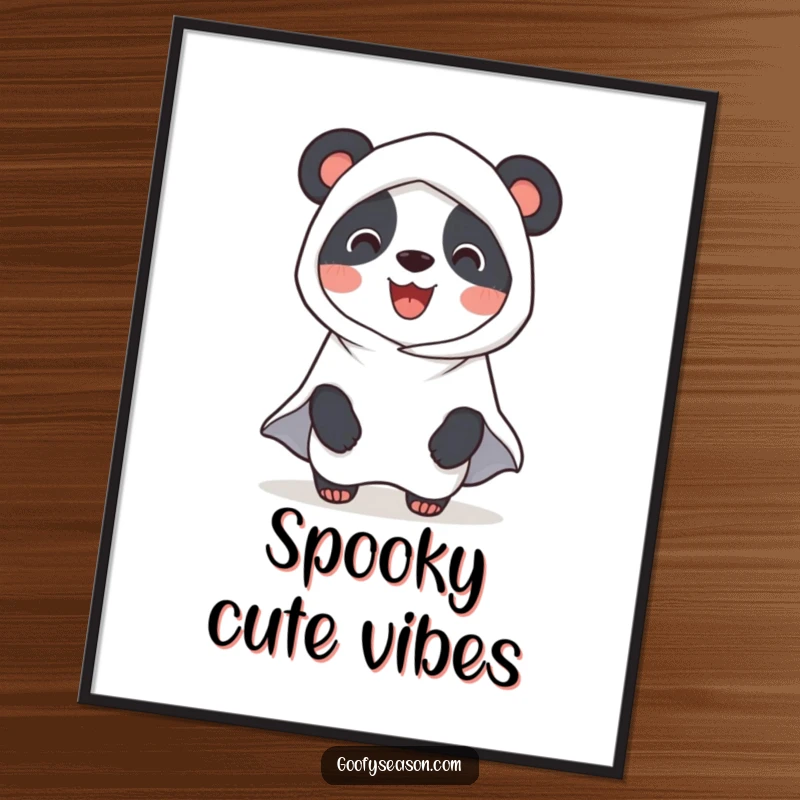 Funny Panda Ghost Poster: A smiling panda dressed as a ghost for Halloween, bringing cute and spooky vibes to any room.