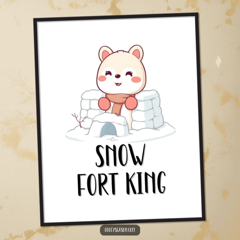Funny poster art of an energetic animal character with a broad smile, wearing tiny mittens and constructing a snow fort.