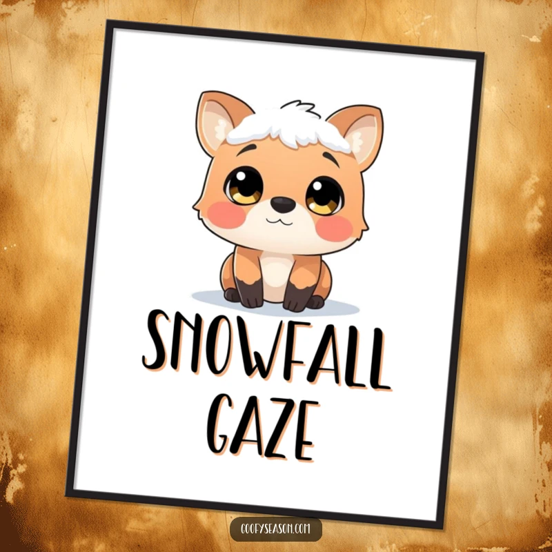 Funny poster art of a curious animal character with wide, enchanted eyes, observing a gentle snowfall.