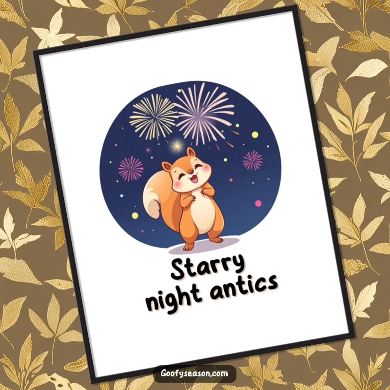Funny poster art of a playful squirrel launching colorful fireworks in the night sky, creating a spectacular scene.