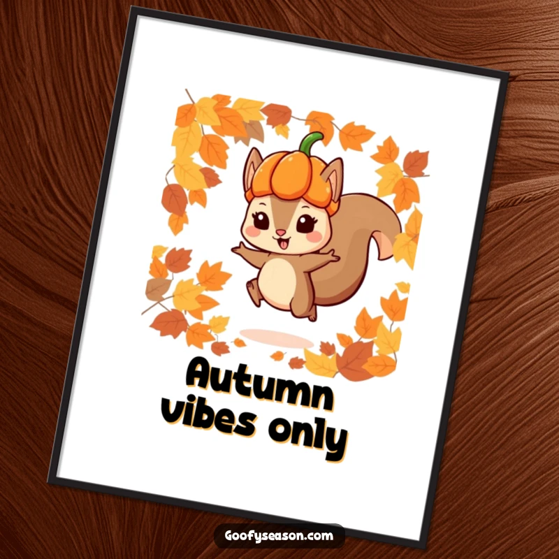Funny poster depicting a playful squirrel wearing a pumpkin hat, joyfully jumping through a shower of colorful autumn leaves.