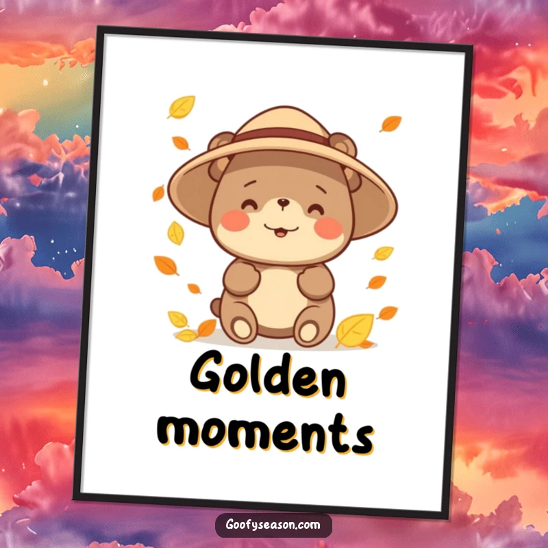 Funny happy bear character wearing a sun hat, catching colorful falling leaves on a poster, celebrating the essence of autumn.
