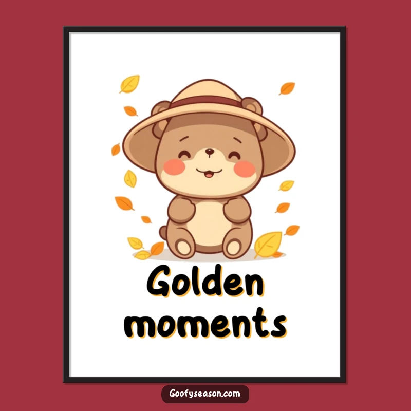 Funny Bear Leaf Catching Poster: Vibrant & Hilarious Autumn Wall Art