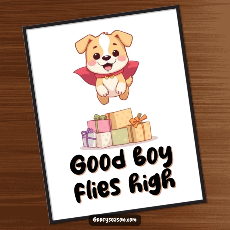 Funny happy dog in a cape, jumping over wrapped gifts, wall art, a cheerful funny gift.