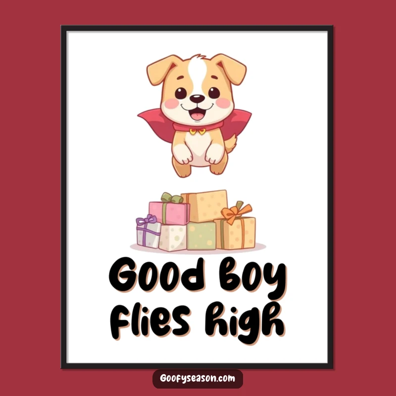 Funny Dog Cape Poster: Happy Hero Leaping Presents Art, Perfect for Pet Lover Decor