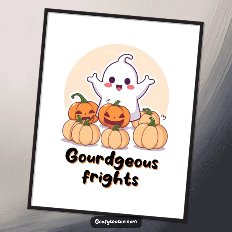 Funny Poster: Happy ghost character playfully surprising a group of pumpkins with a mischievous, cheerful expression.