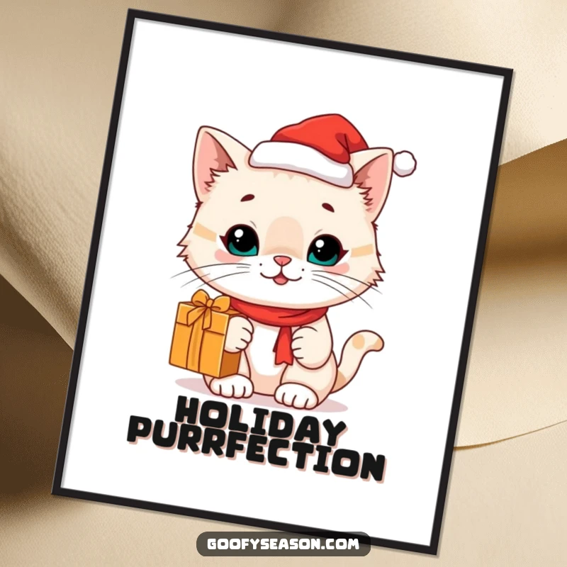 Funny cat in a Santa hat holding a gift, depicted as a festive poster, bringing holiday joy, funny gift.